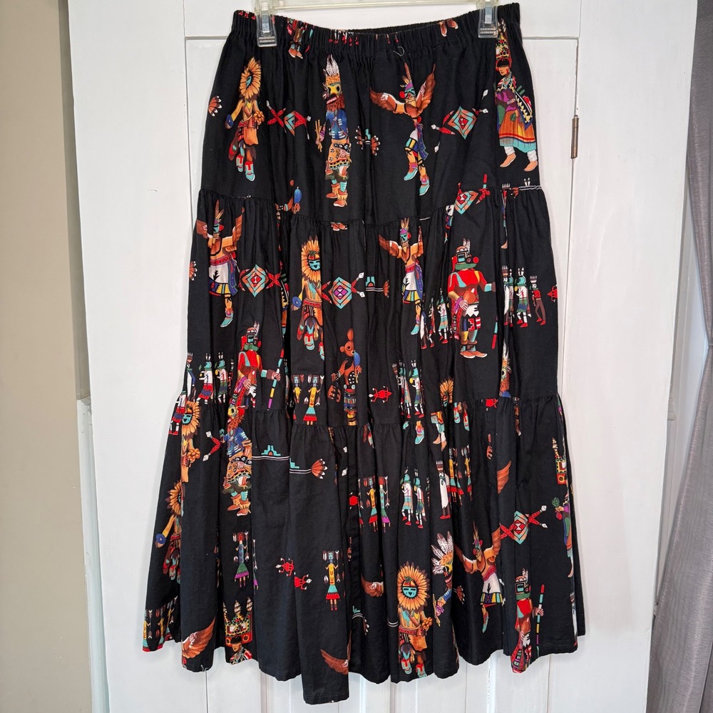 Tucson Navajo Maxi Skirt Southwestern Black Cotton Kachina Print Tiered OSFA USA